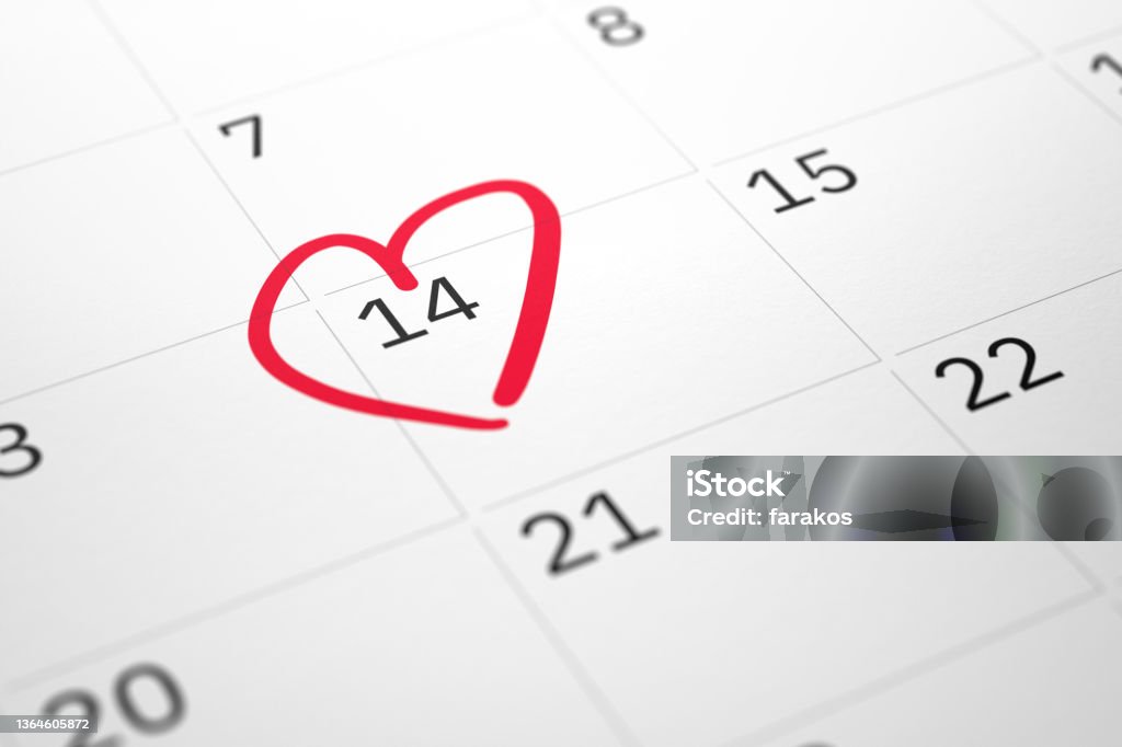 White paper planner calendar with red heart shape mark on 14 February White paper planner calendar with red heart shape mark on 14 February. Happy Valentine's day concept. 3D illustration Valentine's Day - Holiday Stock Photo