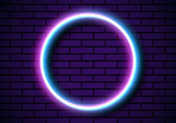 istock Neon frame with circle shape on the blue brick wall. Classic round 80s styled purple shiny glowing neon sign. 1364607220