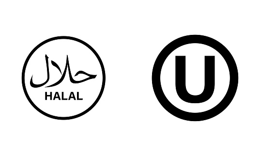 dietary laws for Islam (halal) and Jewish (kosher) logo edition in simple black and white style. round shapes elements isolated on white background in logo design vector.