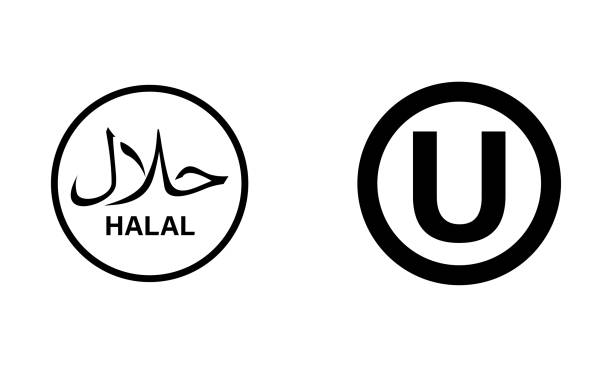 dietary laws for Islam (halal) and Jewish (kosher) logo edition in simple black and white style dietary laws for Islam (halal) and Jewish (kosher) logo edition in simple black and white style. round shapes elements isolated on white background in logo design vector. kosher symbol stock illustrations