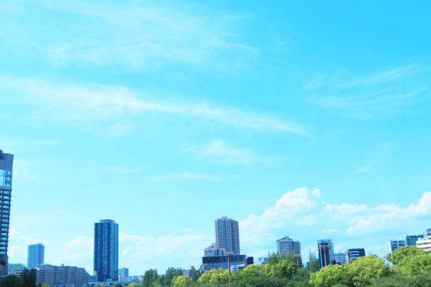 Blue summer sky and buildings in the distance