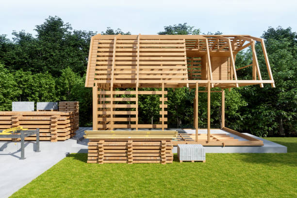 istock Construction Of Modular House With Timber Frame 1364612396