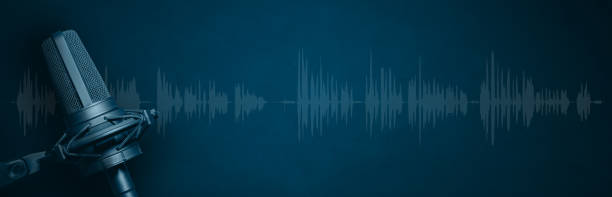 istock Studio blue  microphone with audio  waveform on blue background. Podcast or radio broadcast banner with copy space 1364612721