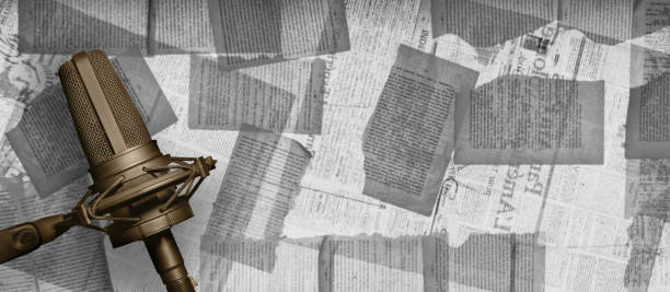 Storytelling audio podcast banner background with copy space. Microphone on book pages wall background. Story series podcasting.