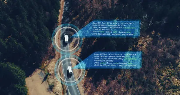 Photo of Autonomous Electric Van semi truck car driving on a highway with technology assistant tracking information, showing details. Visual effects clip - graphics are essential