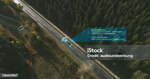 istock Autonomous Electric car driving on a forest highway with technology assistant tracking information, showing details. Visual effects clip - graphics are essential 1364613967