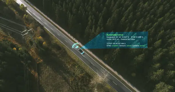 Photo of Autonomous Electric car driving on a forest highway with technology assistant tracking information, showing details. Visual effects clip - graphics are essential