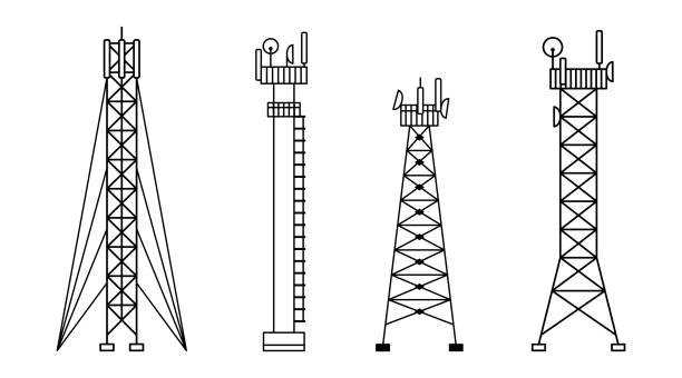 Vector set of illustrations of different constructions of cellular towers. 5G, 4g signal distribution. The Internet. Modern technologies. Outline Vector set of illustrations of different constructions of cellular towers. 5G, 4g signal distribution. The Internet. Modern technologies. Outline cell tower stock illustrations