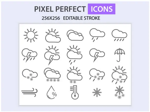 Vector illustration of Simple set of weather vector line icons. Contains icons such as wind, blizzard, sun, rain