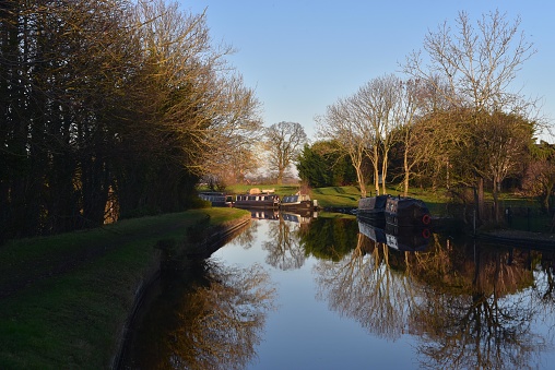 Whitchurch in Shropshire in the UK on 5 April  Barges on the Shropshire Union Canal near Whitchurch