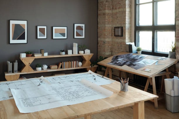 istock Group of blueprints with architectural sketches 1364622198