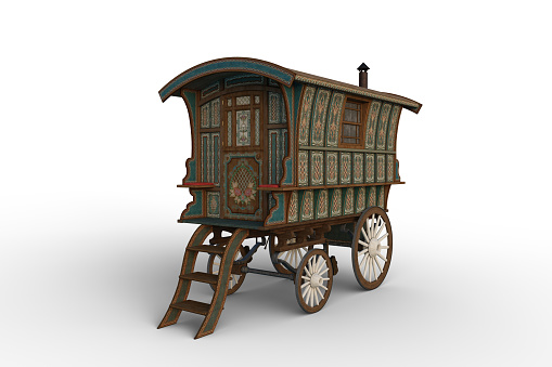 Vintage Romany gypsy caravan decorated with turquoise and green flower designs parked with steps leading to the door. 3D illustration isolated on a white background.