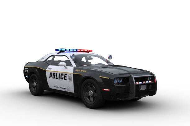 3d-rendering eines schwarz-weißen amerikanischen polizeiautos, isoliert auf weiß. - polizeiauto stock-fotos und bilder