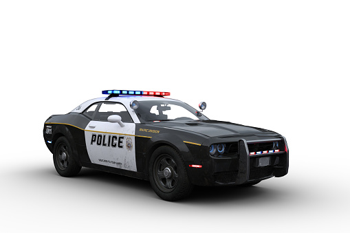 Black and white american police car.3D illustration isolated on a white background.