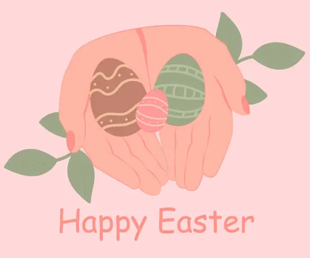 Vector illustration of Easter card. Happy easter. Hands holding colorful Easter eggs. Postcard, banner. Vector illustration