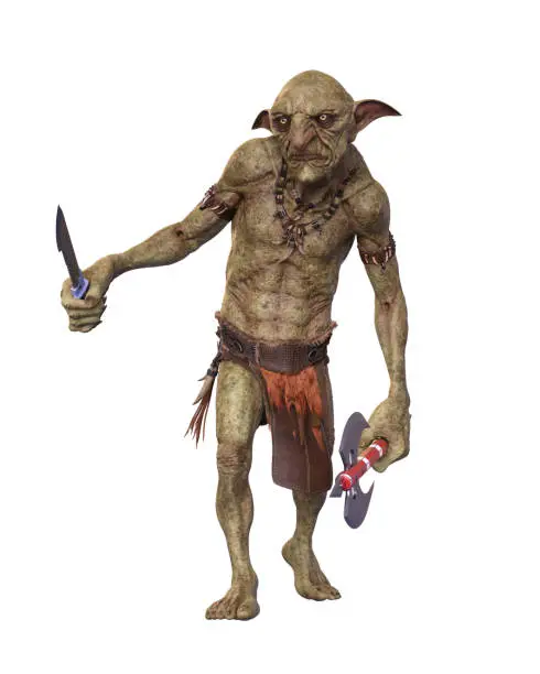 Hobgoblin fictional creature holding a knife and axe. 3d illustration isolated on white background.