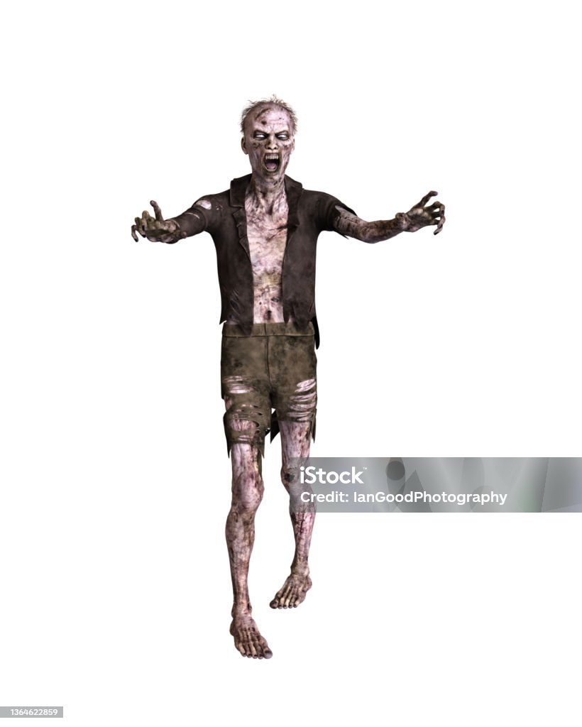 Zombie man walking with arms outstretched wearing tattered clothes. 3d illustration isolated on white background. Zombie man walking towards the viewer with arms outstretched wearing tattered clothes. 3d illustration isolated on white background. Zombie Stock Photo