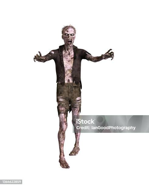 Zombie Man Walking With Arms Outstretched Wearing Tattered Clothes 3d Illustration Isolated On White Background Stock Photo - Download Image Now