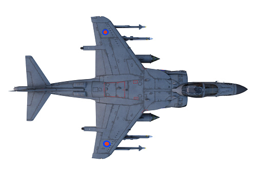 Top view of a grey jet fighter aircraft armed with missiles. 3D illustration isolated on a white background.