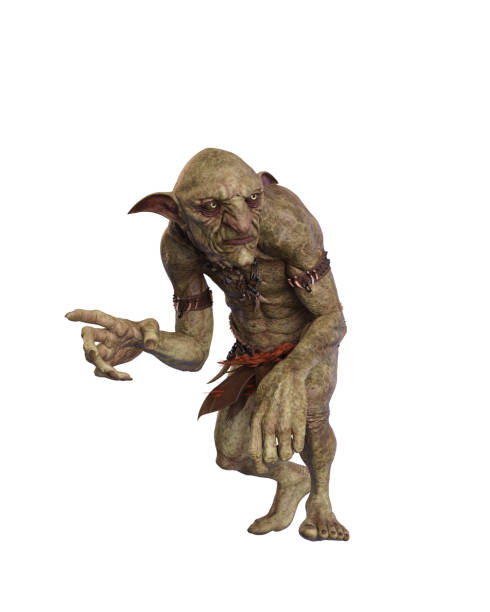Hobgoblin fantasy creature creeping stealthily. 3d illustration isolated on white background. stock photo