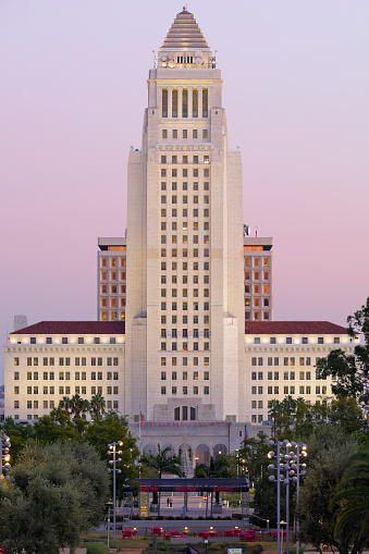Telephoto view at dusk of the Los Angeles City Hall located in the Civic Center district of downtown.
