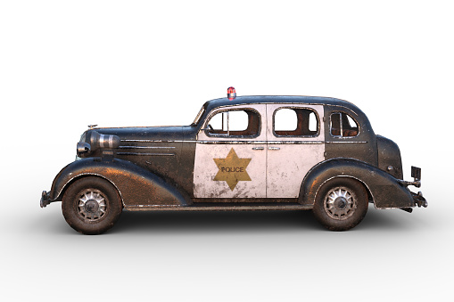 Side view of a rusty dirty old vintage black and white police car. 3D illustration isolated on a white background.