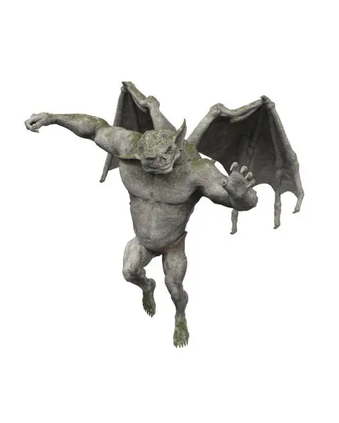 Flying Gargoyle, fantasy animated stone monster. 3D illustration isolated on a white background.