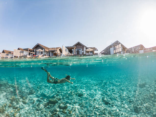 Man dives in tropical sea, split screen underwater shot, overwater villas on background He explores the reef around the atoll in the Maldives, people on vacations, he adventures underwater vacation rental mask stock pictures, royalty-free photos & images