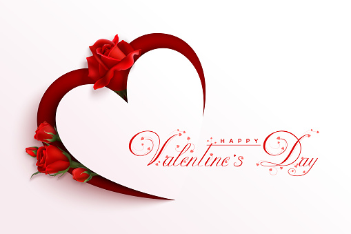 Red roses under paper cut heart. Beautiful text Happy Valentines Day. Vector illustration