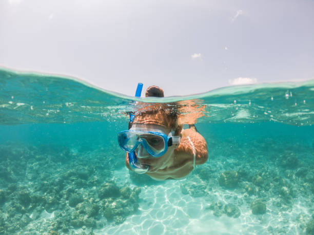 istock Woman snorkels in tropical sea, split screen underwater shot 1364624596