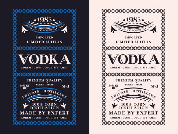 illustrazioni stock, clip art, cartoni animati e icone di tendenza di set di etichette decorative modello per vodka - vodka