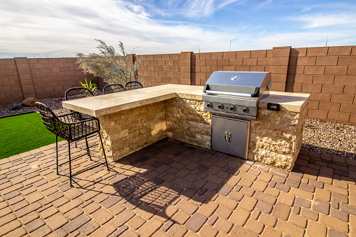 Rear Patio BBQ Cooking Station With Counter Bar And Stools