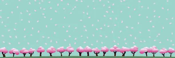 Vector illustration of One side of cherry blossom trees, emerald green sky and petals 2