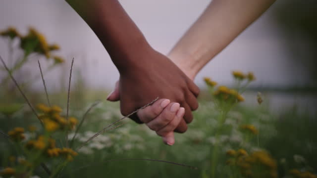 SLO MO White woman and a black woman hold hands in the middle of the meadow