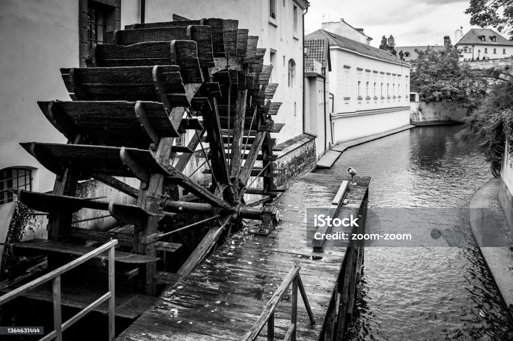 Historic Water Mill in Prague Historic Water Mill in Prague, Czech Republic. Black and white photography, cityscape Water Wheel Stock Photo