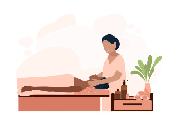 Massage The masseur makes a massage to the girl. Relaxation in the spa. Vector illustration for advertising, flyers and social media. massaging illustrations stock illustrations