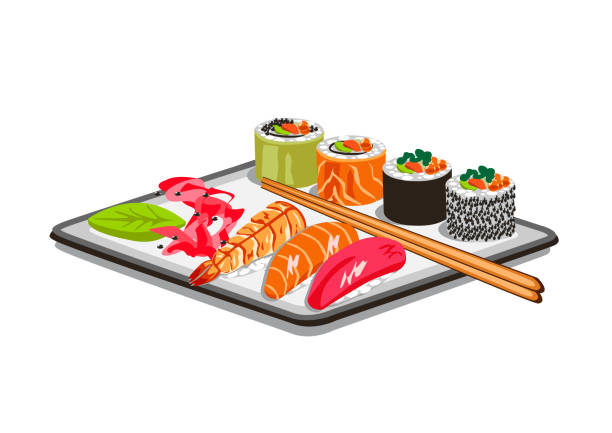 sushi Plate with different rolls and sushi with salmon, caviar, wasabi and ginger. Vector illustration of delicious Japanese food for advertising, cards or media. cartoon of the sushi plate stock illustrations