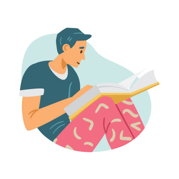 istock Boy sits and reads large book for college or university studies in flat vector 1364636244