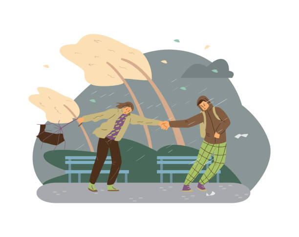 ilustraciones, imágenes clip art, dibujos animados e iconos de stock de hombres y mujeres que experimentan un clima de viento extremo en el parque. jóvenes tomados de la mano en tormenta severa y fuertes lluvias - viento fuerte persona