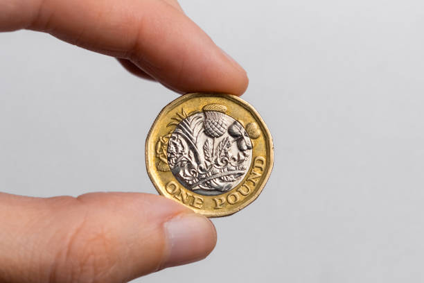 mano sosteniendo una moneda de una libra esterlina de primer plano sobre un fondo blanco. moneda del reino unido - one pound coin coin uk british currency fotografías e imágenes de stock