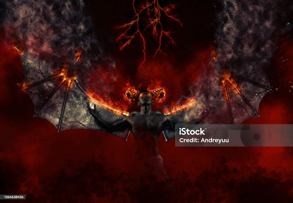 Demon summons evil forces and opens hell portal Black demon. Demon summons evil forces and opens hell portal Devil Stock Photo