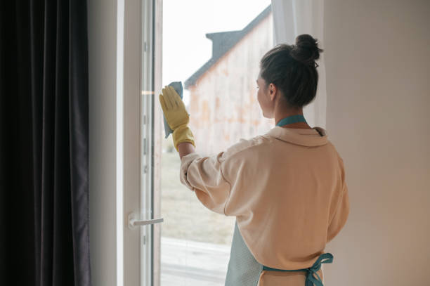istock A woman in apron cleaning the windows and looking involved 1364638529