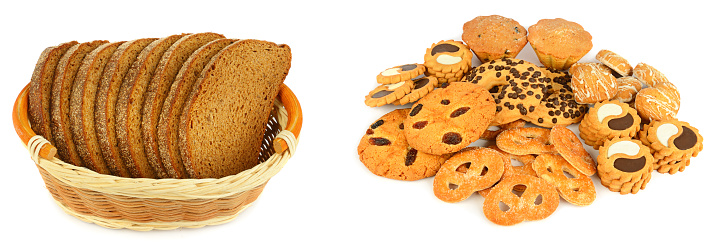 Bread and cookies isolated on white background. Collage. Wide photo.