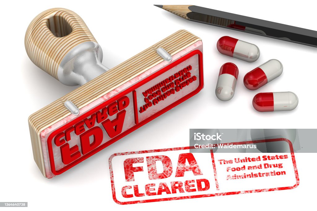 FDA cleared. The stamp and an imprint Red stamp and an imprint "FDA CLEARED" on white surface. FDA - U.S. Food and Drug Administration is a federal agency of the United States Department of Health and Human Services. 3D illustration Food and Drug Administration Stock Photo