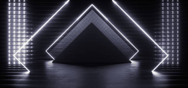 istock Neon Lights Sci Fi Stage White Glowing On Concrete Cement Grunge Old Wall Rough Futuristic Triangle Lines Club Arena Showroom Underground 3D Rendering 1364641841