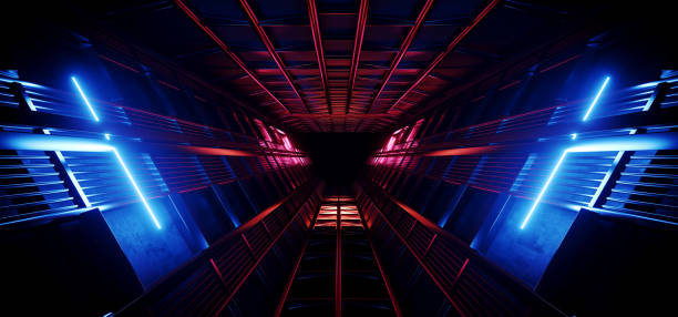 istock Triangle Neon Laser Fluorescent Purple Red Blue Glowing Sci Fi Futuristic Warehouse Hangar  Spaceship Realistic Showroom Steel Metal Frame Corridor Tunnel Dark Underground Basement 3D Rendering 1364642177