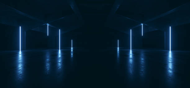 istock Sci Fi Old Barn Concrete Hangar Warehouse Neon Glowing Blue Line Lights Pillars Cement Concrete Asphalt Dark Garage Parking Modern Underground Corridor Tunnel 3D Rendering 1364642357