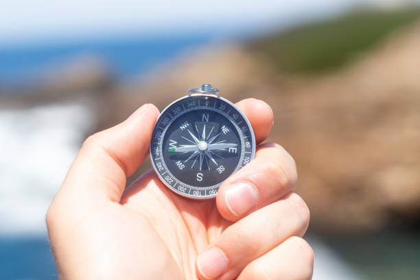 istock Close up, hand holding compass in front of the ocean. 1364643252
