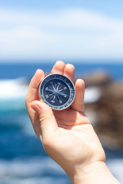 istock Close up, hand holding compass in front of the ocean. 1364643263