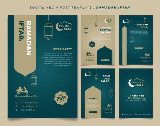 Set social media post template in Green and brown islamic background design. Iftar mean is breakfasting and marhaban mean is welcome. Set social media post template in Green and brown islamic background design. Iftar mean is breakfasting and marhaban mean is welcome. social media template with islamic background design flyposting illustrations stock illustrations